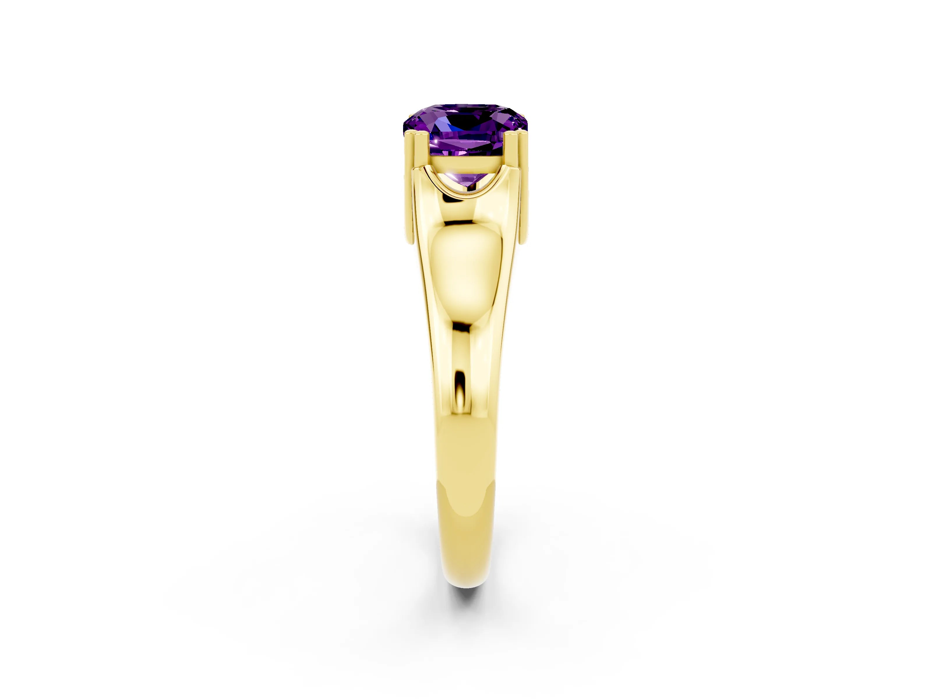 Yellow gold Cushion Cut Amethyst Solitaire Ring with Wide Band and Prong Setting_2
