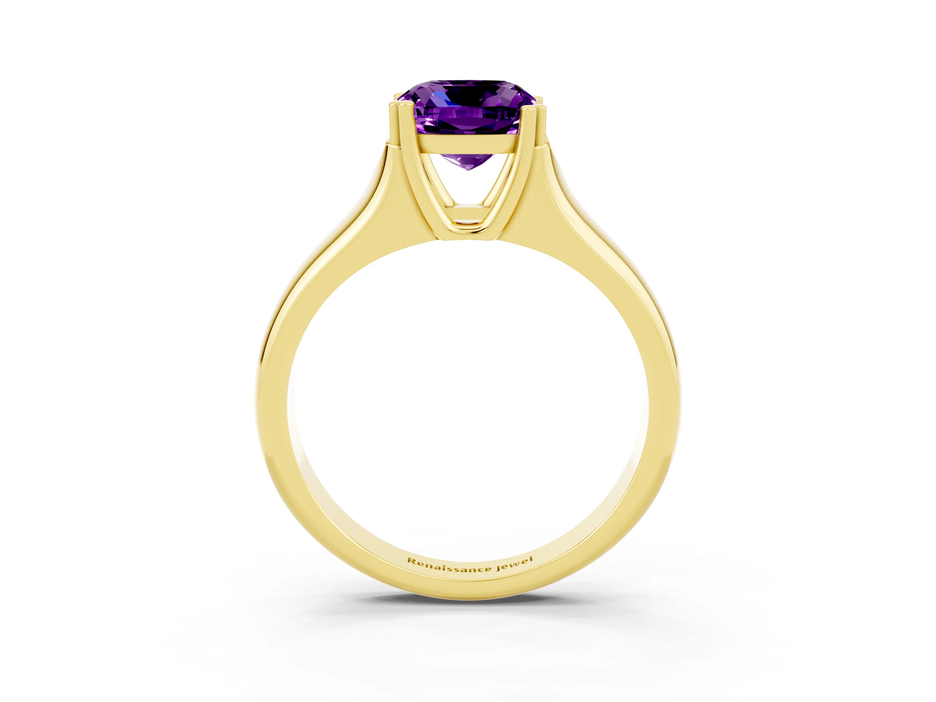 Yellow gold Cushion Cut Amethyst Solitaire Ring with Wide Band and Prong Setting_3