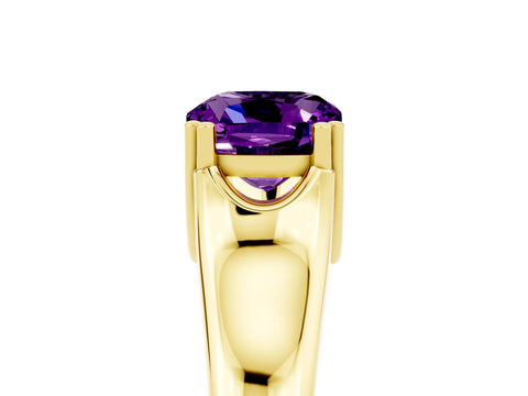 Yellow gold Cushion Cut Amethyst Solitaire Ring with Wide Band and Prong Setting_5