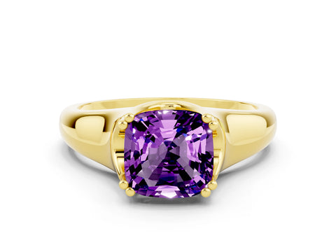 Yellow gold Cushion Cut Amethyst Solitaire Ring with Wide Band and Prong Setting