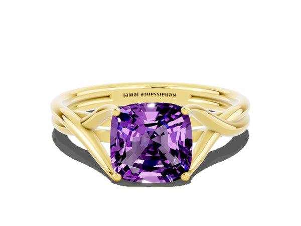 Yellow gold Cushion Cut Amethyst Solitaire Twist Band Prong Setting Ring