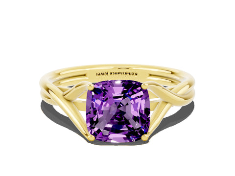 Yellow gold Cushion Cut Amethyst Solitaire Twist Band Prong Setting Ring_48