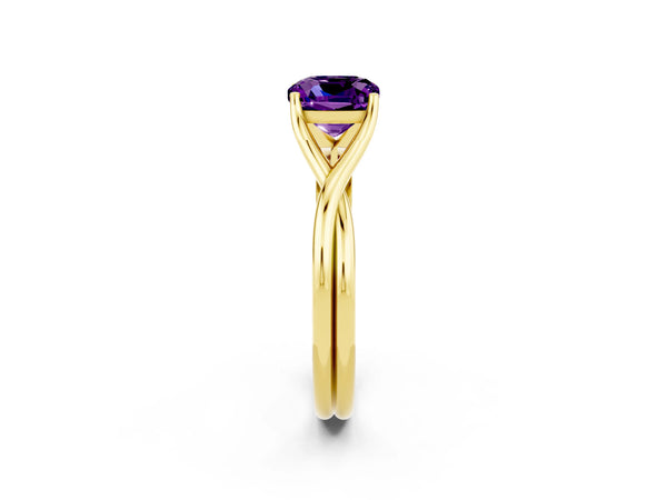 Yellow gold Cushion Cut Amethyst Solitaire Twist Band Prong Setting Ring