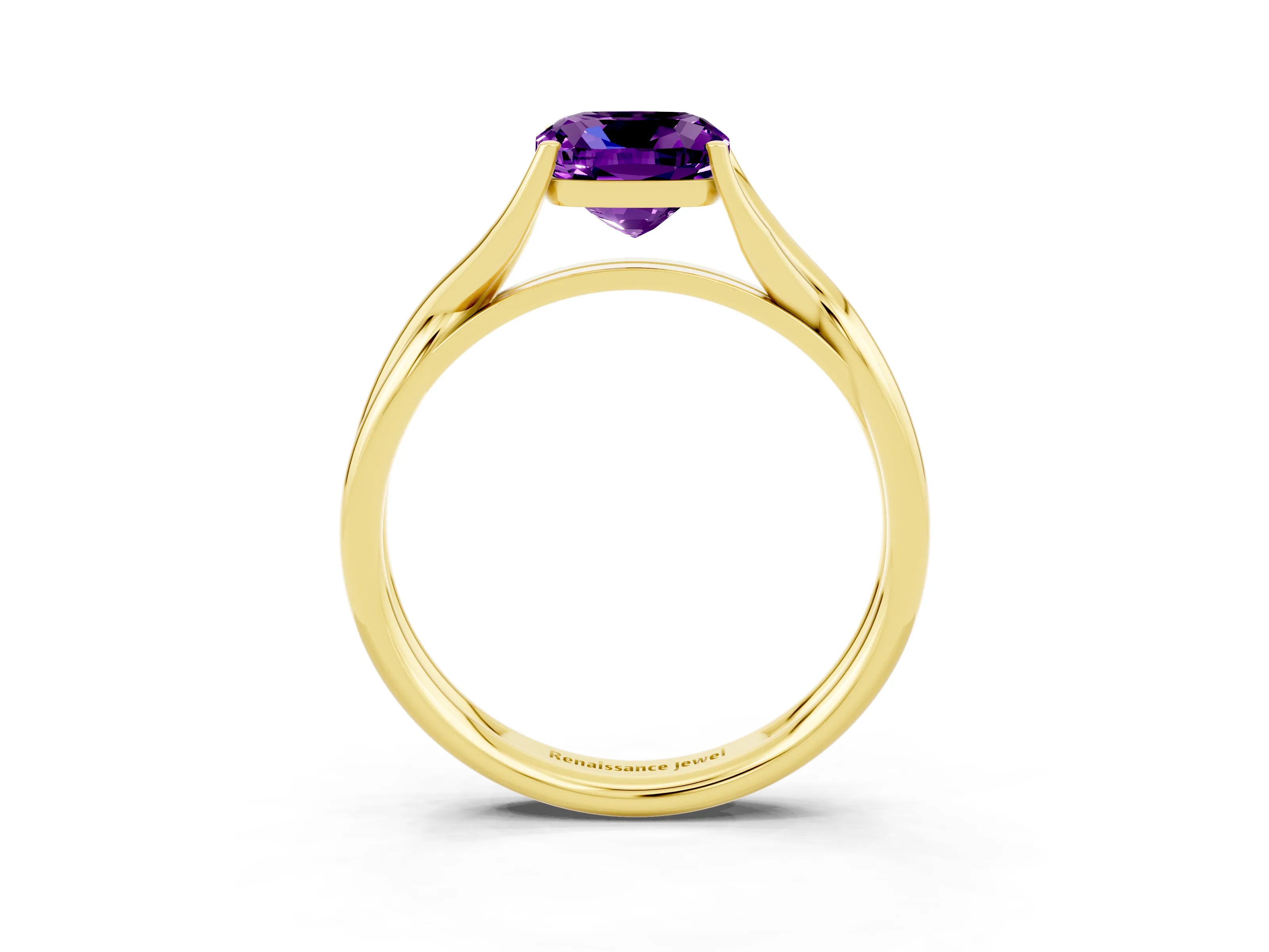 Yellow gold Cushion Cut Amethyst Solitaire Twist Band Prong Setting Ring_51