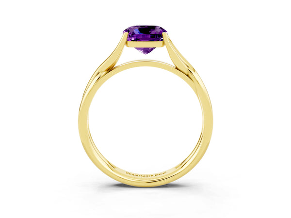 Yellow gold Cushion Cut Amethyst Solitaire Twist Band Prong Setting Ring