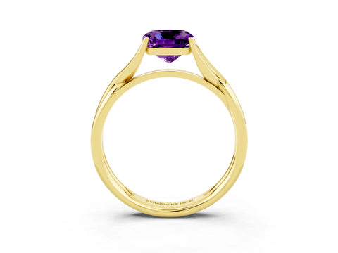 Yellow gold Cushion Cut Amethyst Solitaire Twist Band Prong Setting Ring_51