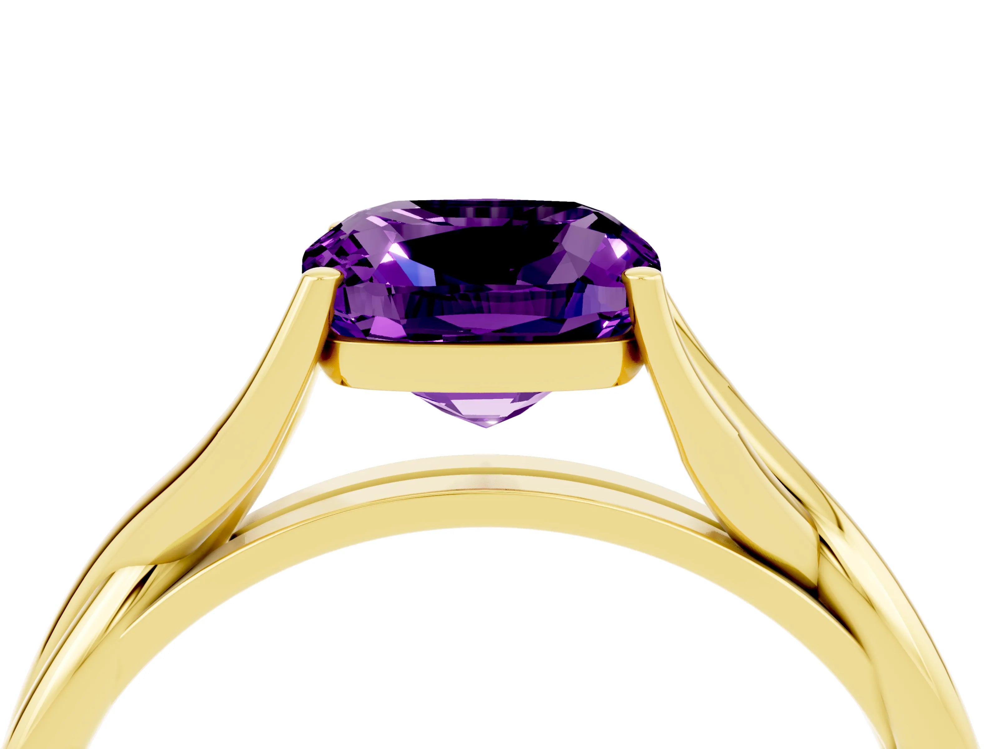 Yellow gold Cushion Cut Amethyst Solitaire Twist Band Prong Setting Ring_53