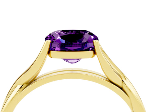 Yellow gold Cushion Cut Amethyst Solitaire Twist Band Prong Setting Ring_53