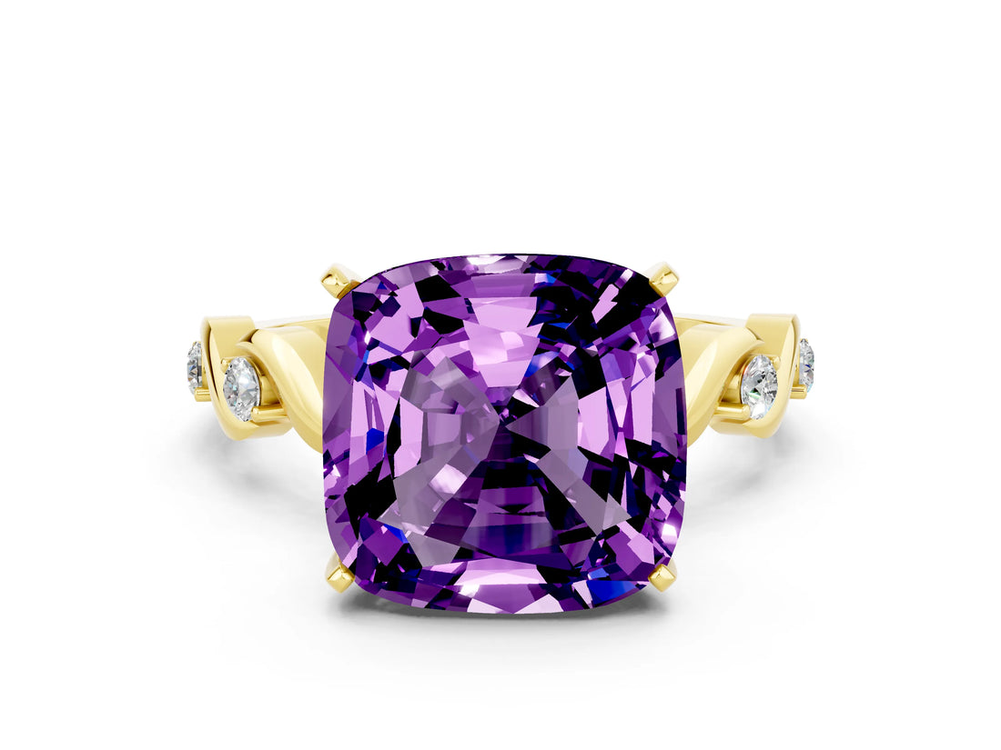 Yellow gold Cushion Cut Amethyst Solitaire Twisted Band with Round  Accents and Prong Setting_12