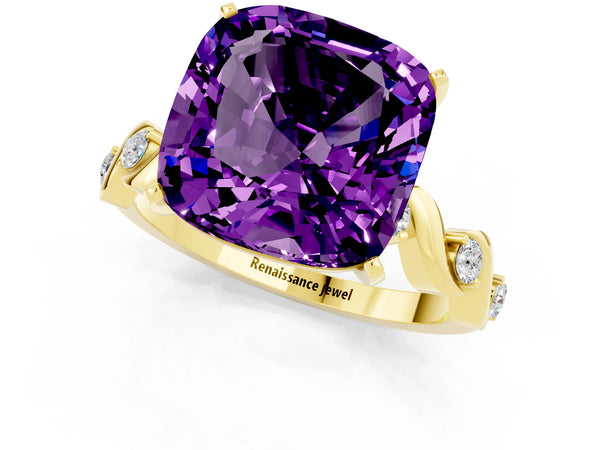 Yellow gold Cushion Cut Amethyst Solitaire Twisted Band with Round  Accents and Prong Setting