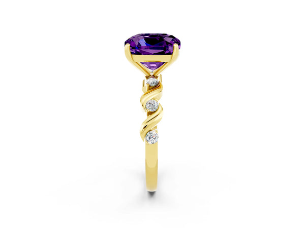 Yellow gold Cushion Cut Amethyst Solitaire Twisted Band with Round  Accents and Prong Setting