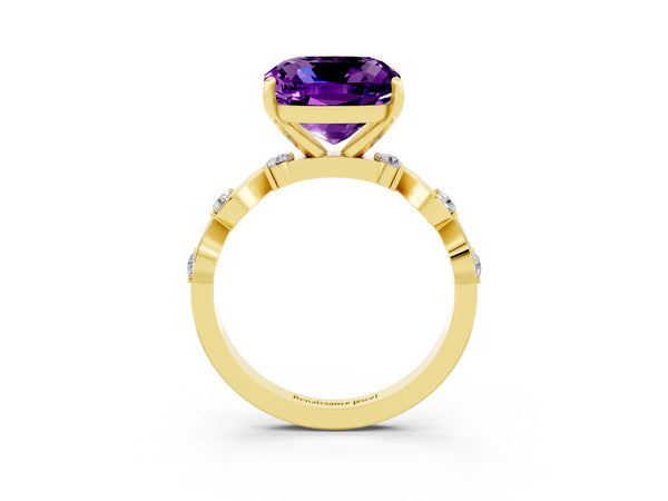 Yellow gold Cushion Cut Amethyst Solitaire Twisted Band with Round  Accents and Prong Setting