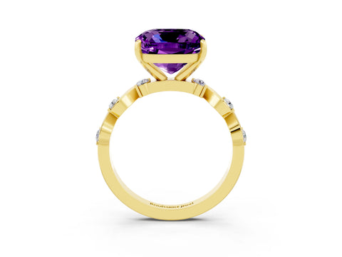 Yellow gold Cushion Cut Amethyst Solitaire Twisted Band with Round  Accents and Prong Setting_15