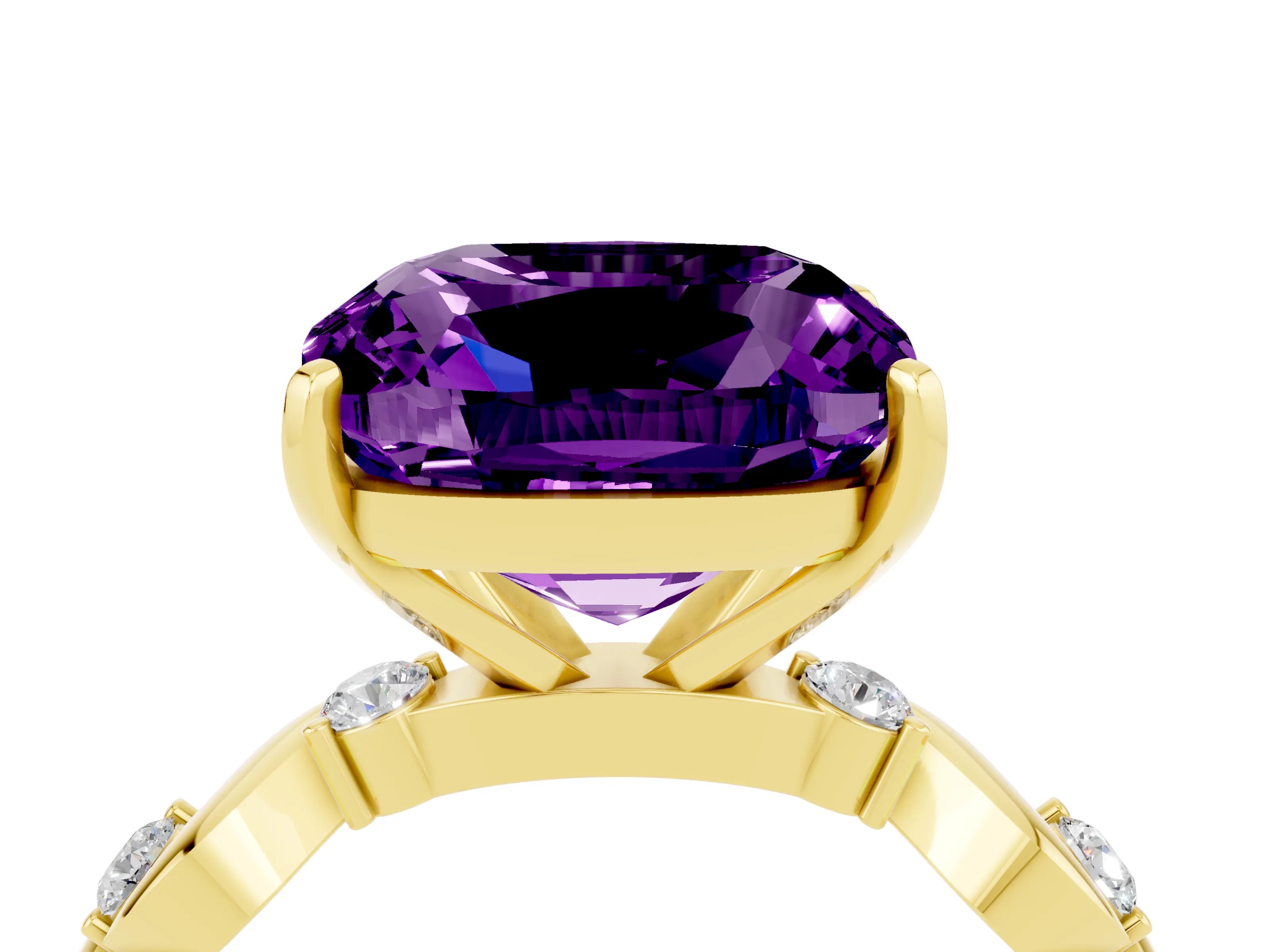 Yellow gold Cushion Cut Amethyst Solitaire Twisted Band with Round  Accents and Prong Setting_16