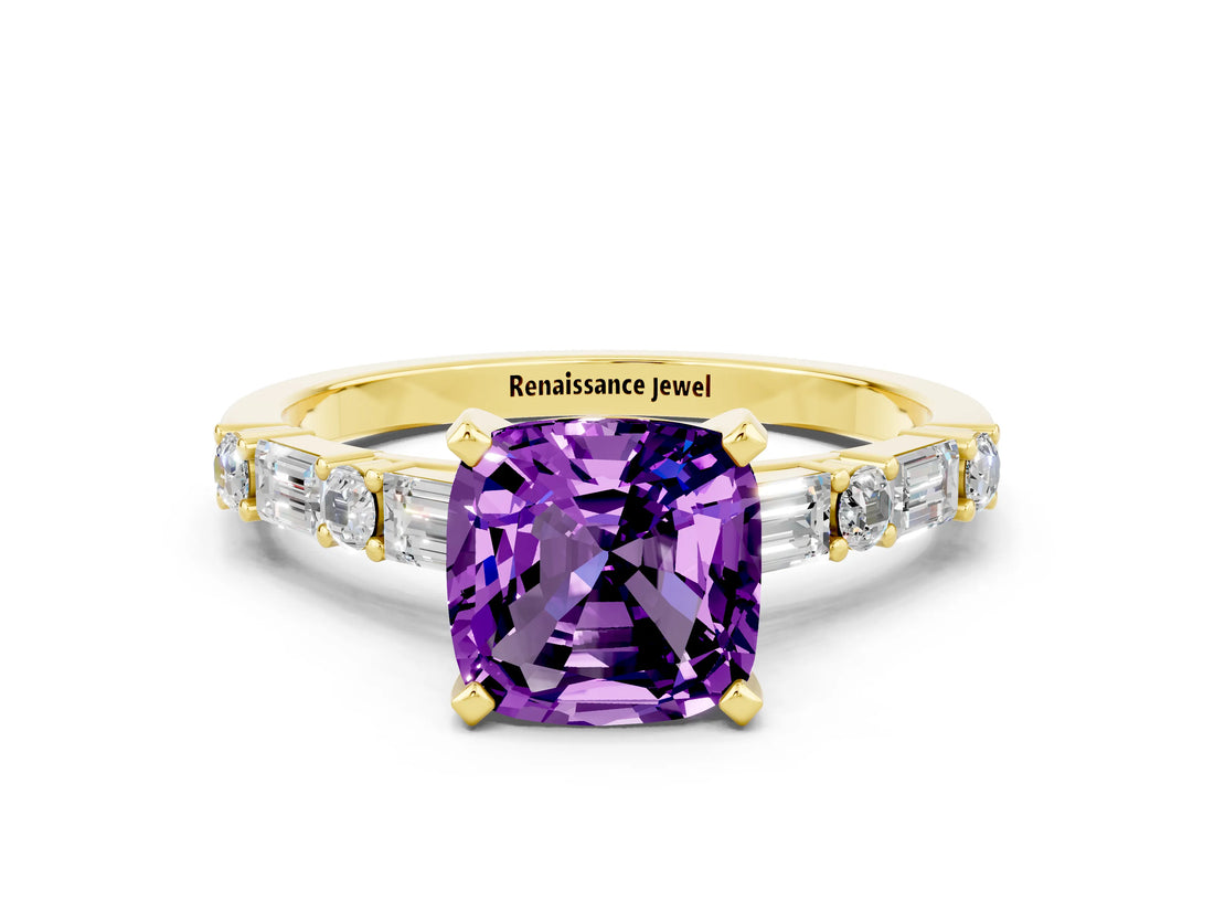 Yellow gold Cushion Cut Amethyst Solitaire with Side Baguettes and Channel Set Band