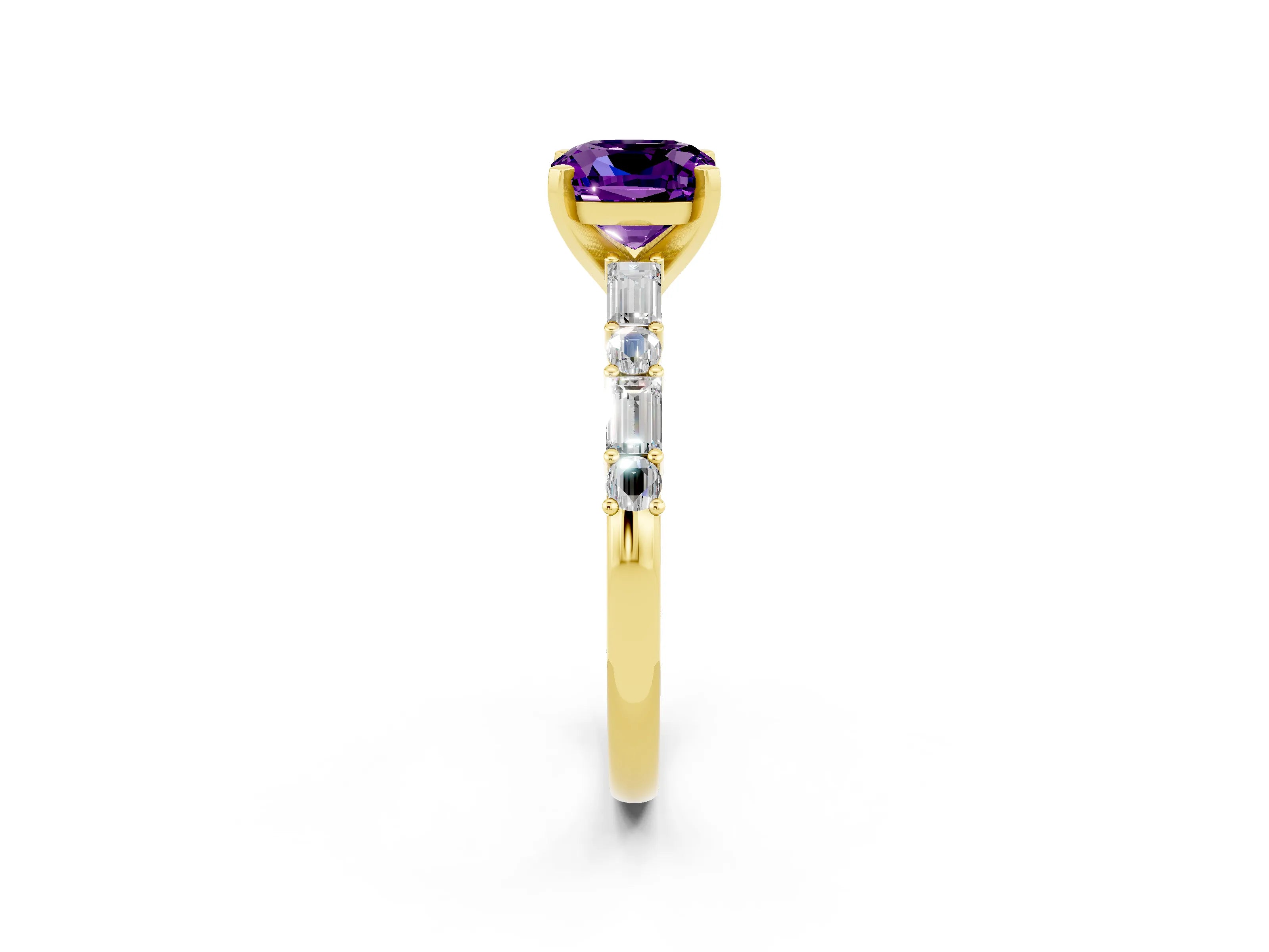 Yellow gold Cushion Cut Amethyst Solitaire with Side Baguettes and Channel Set Band_2