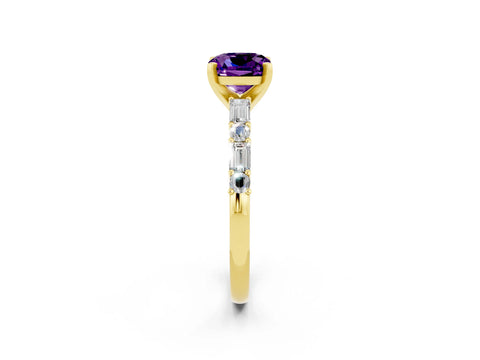 Yellow gold Cushion Cut Amethyst Solitaire with Side Baguettes and Channel Set Band_2