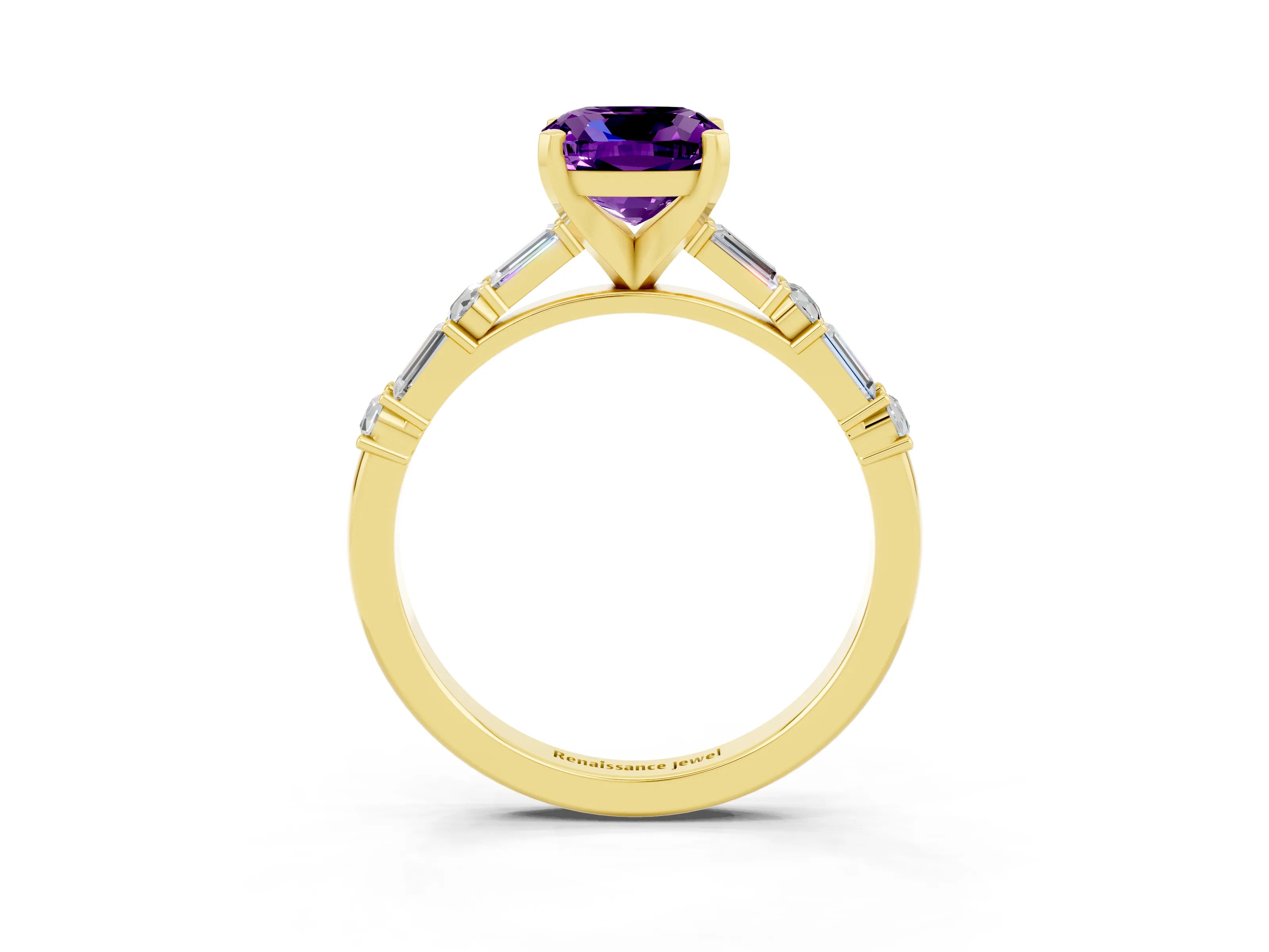 Yellow gold Cushion Cut Amethyst Solitaire with Side Baguettes and Channel Set Band_3