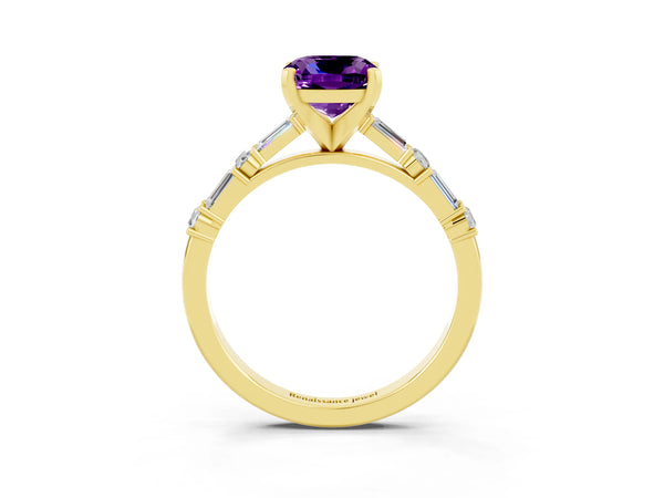 Yellow gold Cushion Cut Amethyst Solitaire with Side Baguettes and Channel Set Band