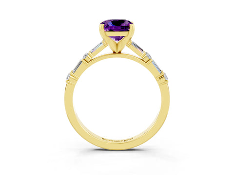 Yellow gold Cushion Cut Amethyst Solitaire with Side Baguettes and Channel Set Band_3