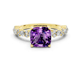 Yellow gold Cushion Cut Amethyst Solitaire with Side Stones, Pave Band, Four-Prong Setting_36
