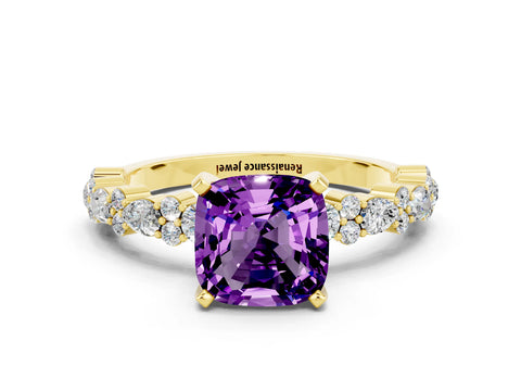 Yellow gold Cushion Cut Amethyst Solitaire with Side Stones, Pave Band, Four-Prong Setting_36