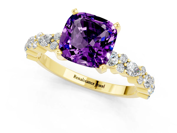 Yellow gold Cushion Cut Amethyst Side Stone Solitaire Ring with Round  and Four-Prong Setting