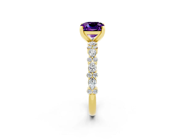 Yellow gold Cushion Cut Amethyst Side Stone Solitaire Ring with Round  and Four-Prong Setting