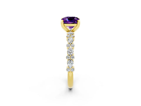 Yellow gold Cushion Cut Amethyst Solitaire with Side Stones, Pave Band, Four-Prong Setting_38