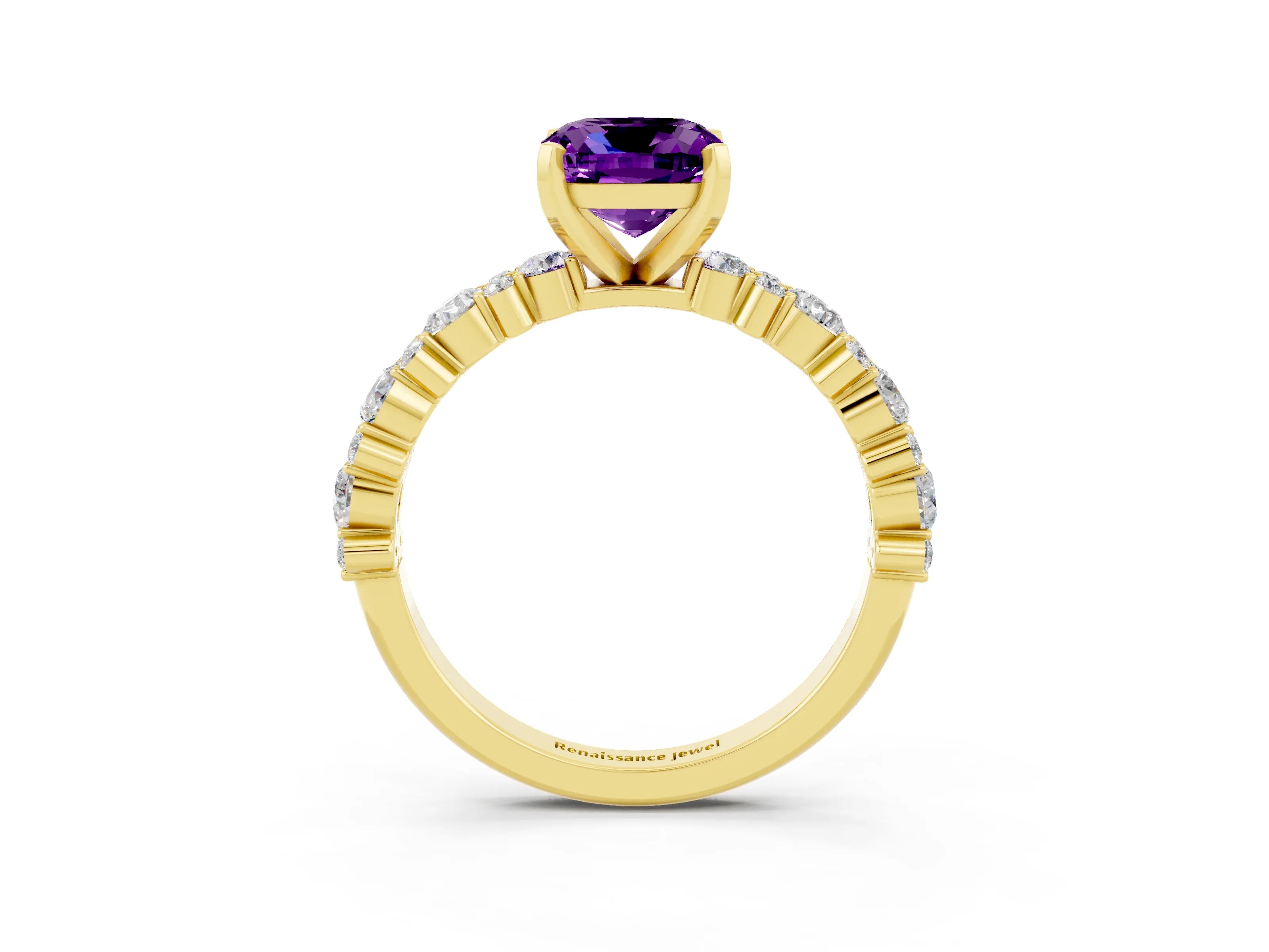 Yellow gold Cushion Cut Amethyst Solitaire with Side Stones, Pave Band, Four-Prong Setting_39