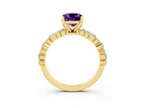 Yellow gold Cushion Cut Amethyst Solitaire with Side Stones, Pave Band, Four-Prong Setting_39