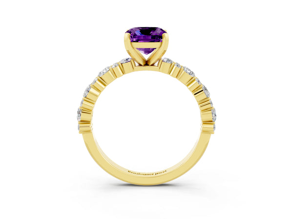 Yellow gold Cushion Cut Amethyst Side Stone Solitaire Ring with Round  and Four-Prong Setting