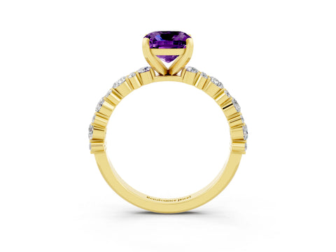 Yellow gold Cushion Cut Amethyst Solitaire with Side Stones, Pave Band, Four-Prong Setting_39