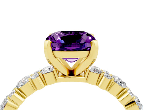 Yellow gold Cushion Cut Amethyst Solitaire with Side Stones, Pave Band, Four-Prong Setting_40