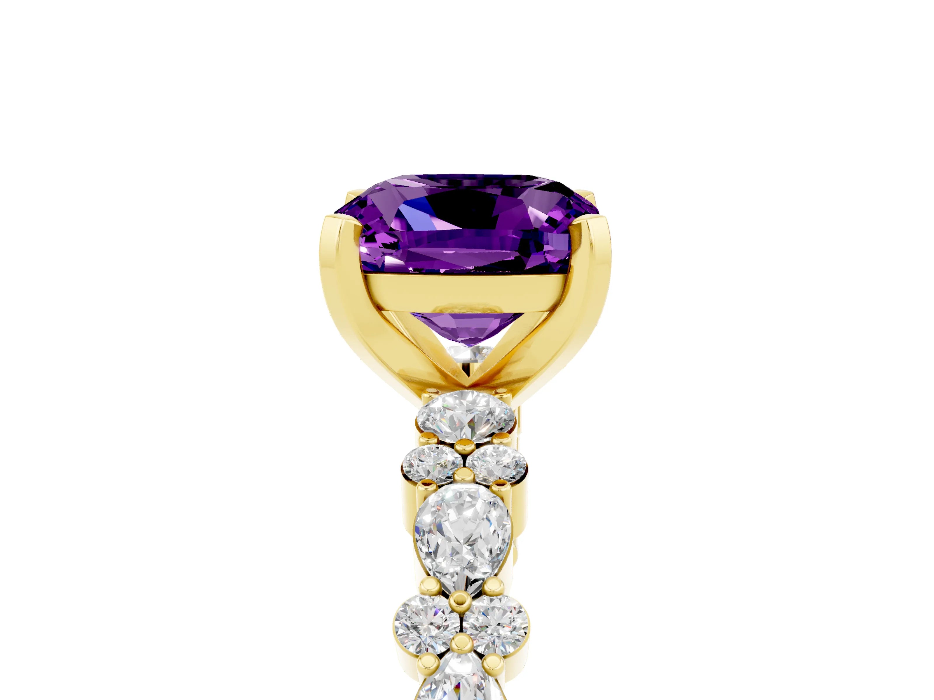 Yellow gold Cushion Cut Amethyst Solitaire with Side Stones, Pave Band, Four-Prong Setting_41