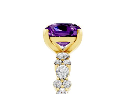 Yellow gold Cushion Cut Amethyst Solitaire with Side Stones, Pave Band, Four-Prong Setting_41