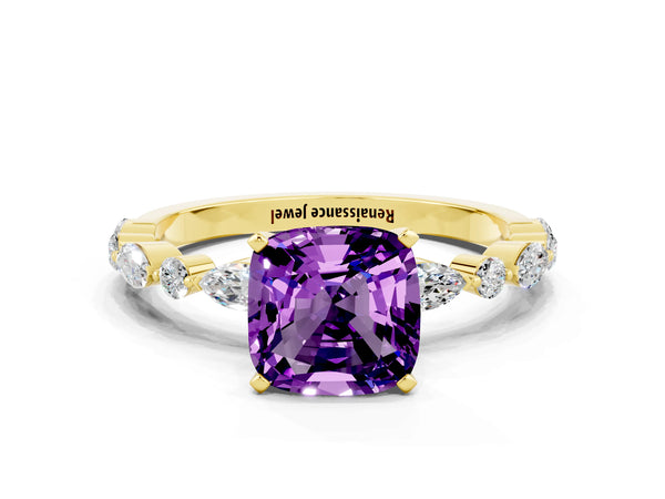 Yellow gold Cushion Cut Amethyst Ring with Marquise and Round  Side Stones and Four-Prong Setting