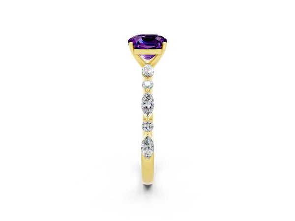 Yellow gold Cushion Cut Amethyst Ring with Marquise and Round  Side Stones and Four-Prong Setting
