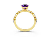 Yellow gold Cushion Cut Amethyst Solitaire with Side Stones on a Pavé Band and Four-Prong Setting_3