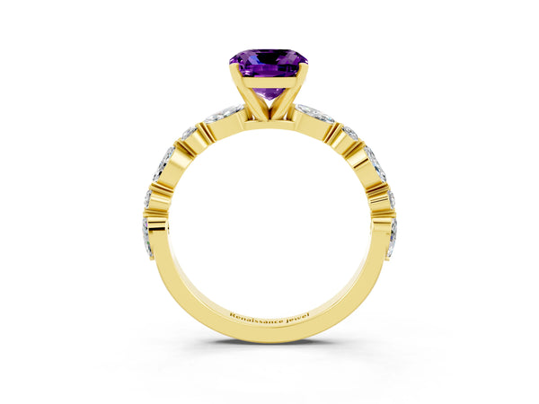 Yellow gold Cushion Cut Amethyst Ring with Marquise and Round  Side Stones and Four-Prong Setting