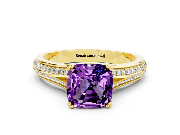 Yellow gold Cushion Cut Amethyst Split Shank Engagement Ring with Pavé Band