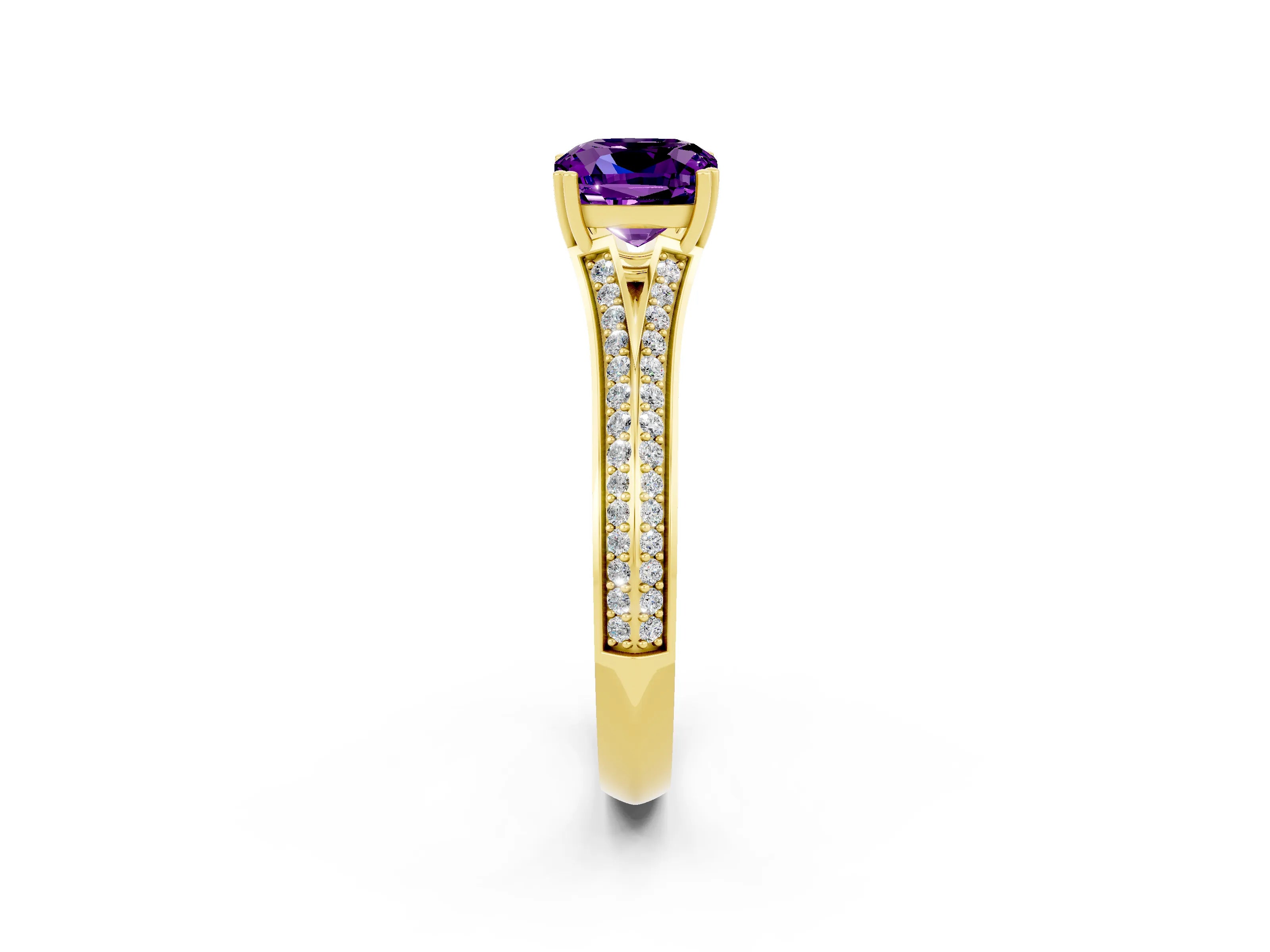 Yellow gold Cushion Cut Amethyst Split Shank Engagement Ring with Pavé Band_2