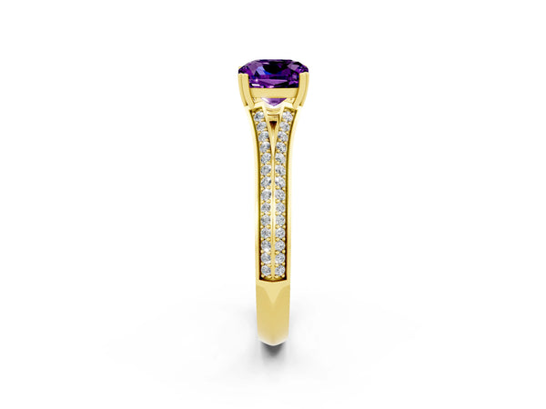 Yellow gold Cushion Cut Amethyst Split Shank Engagement Ring with Pavé Band