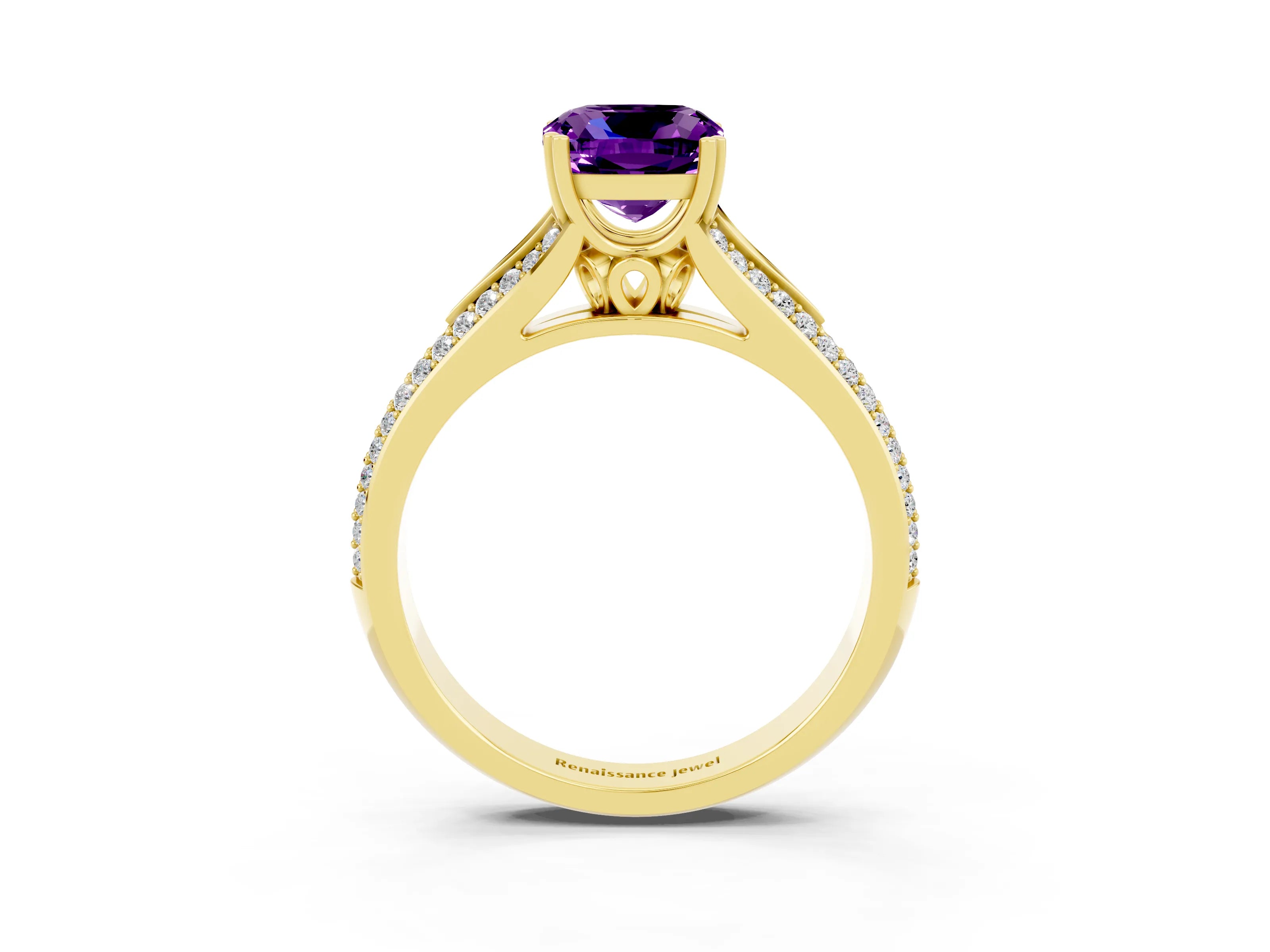 Yellow gold Cushion Cut Amethyst Split Shank Engagement Ring with Pavé Band_3