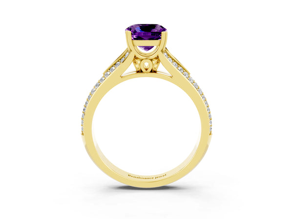 Yellow gold Cushion Cut Amethyst Split Shank Engagement Ring with Pavé Band