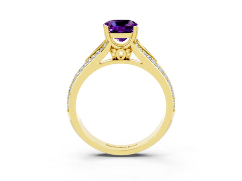 Yellow gold Cushion Cut Amethyst Split Shank Engagement Ring with Pavé Band_3