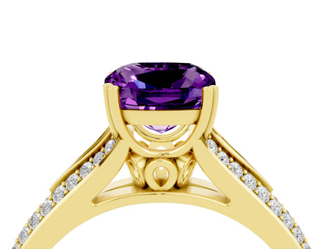 Yellow gold Cushion Cut Amethyst Split Shank Engagement Ring with Pavé Band_4