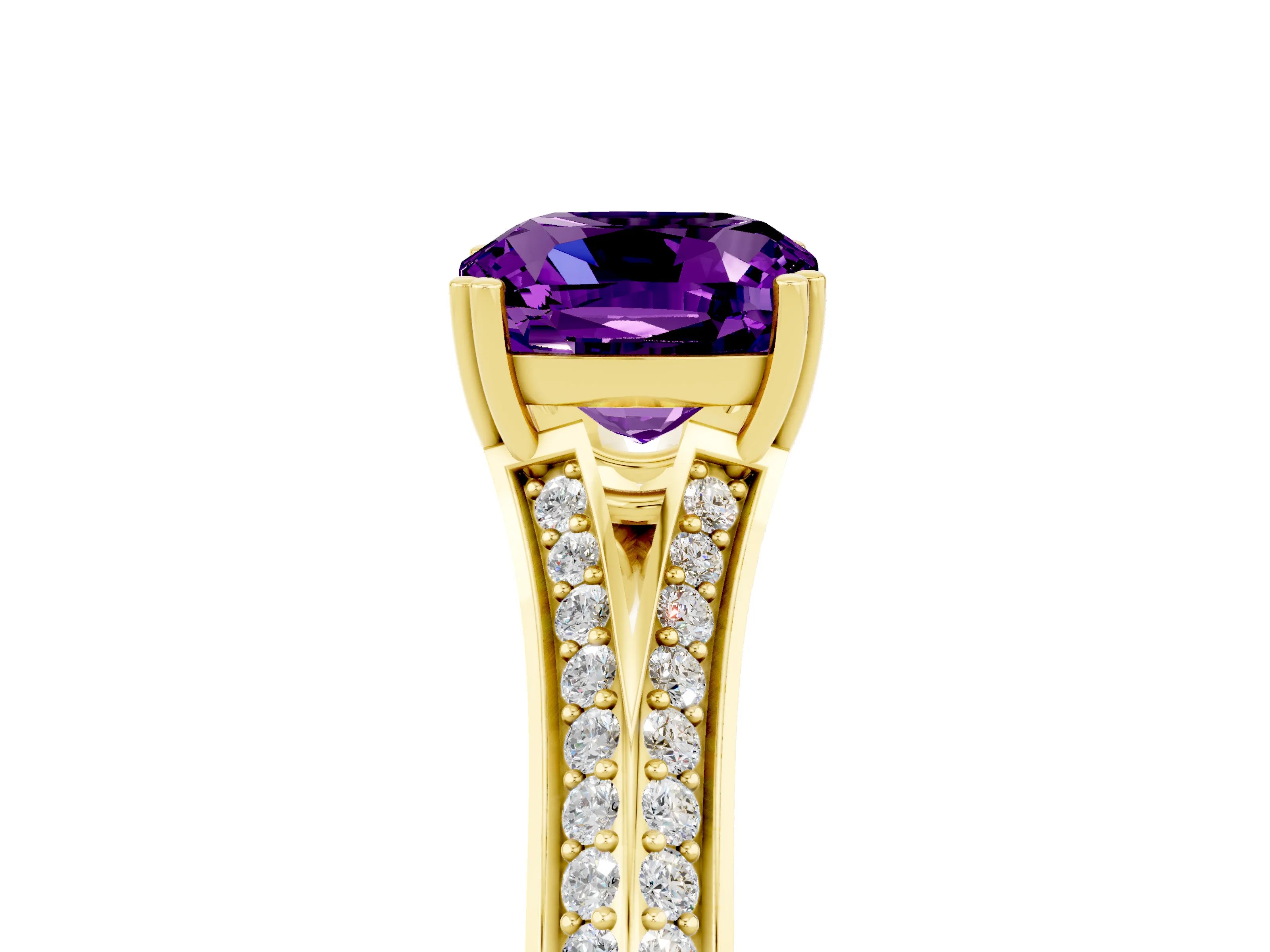 Yellow gold Cushion Cut Amethyst Split Shank Engagement Ring with Pavé Band_5
