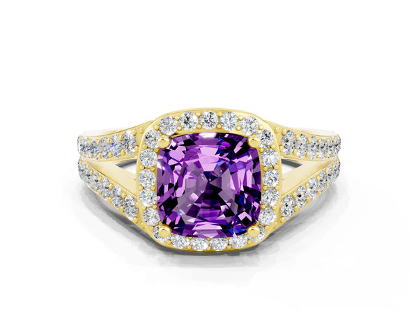 Yellow gold Cushion Cut Amethyst Split Shank Halo Ring with Four-Prong Setting