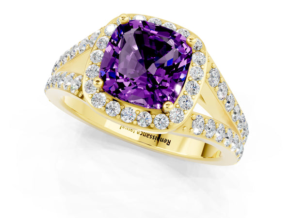 Yellow gold Cushion Cut Amethyst Split Shank Halo Ring with Four-Prong Setting
